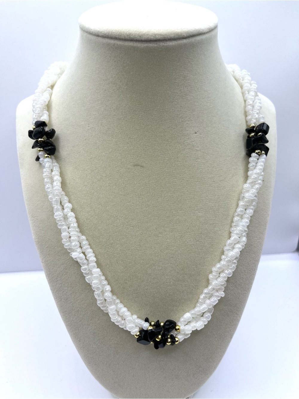 Vintage Torsade White Twisted Bead Necklace with Black & Gold Clusters